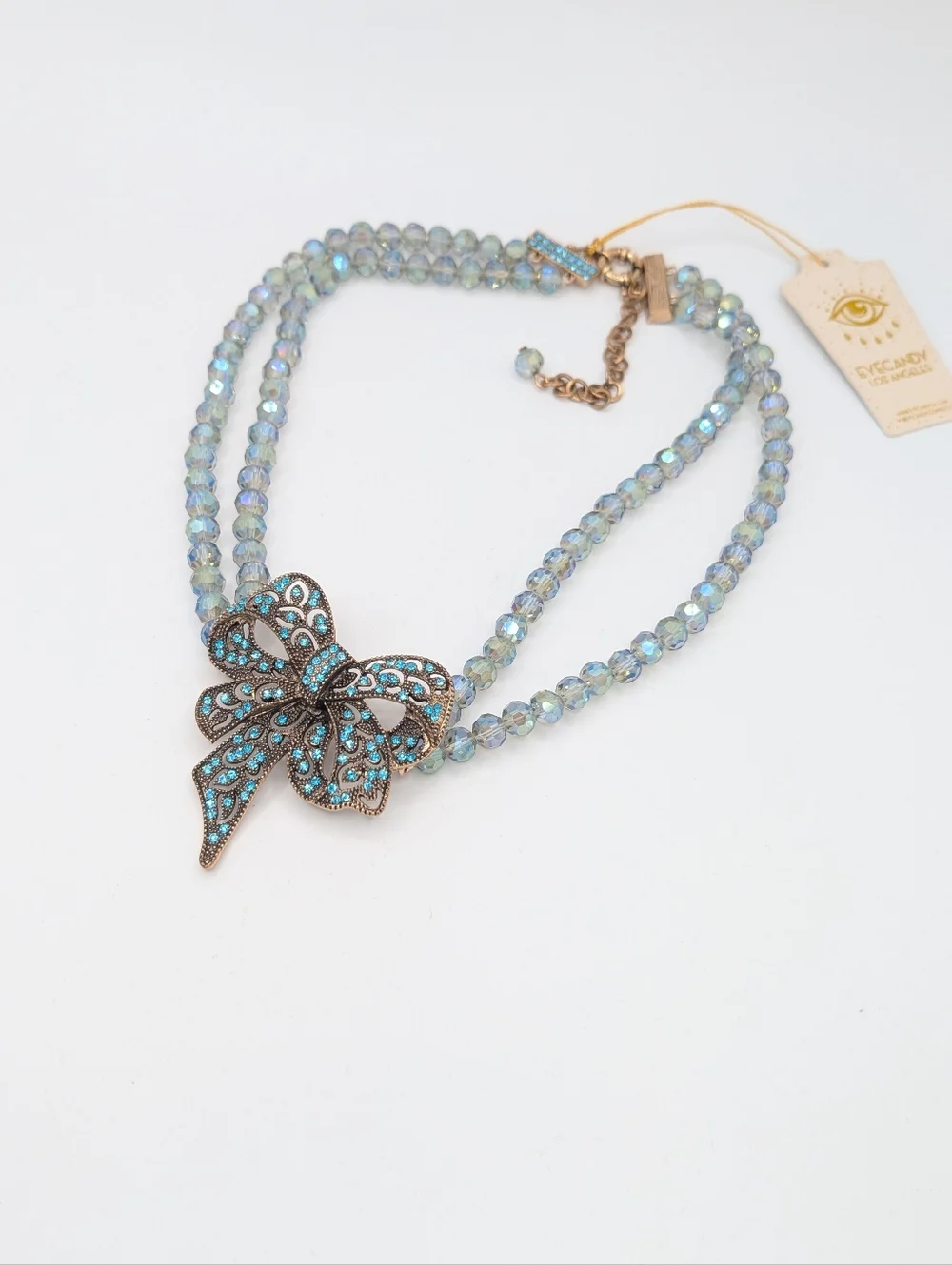 EyeCandy Los Angeles Crystal Bow Blue Statement Necklace NEW - Picture 4 of 10